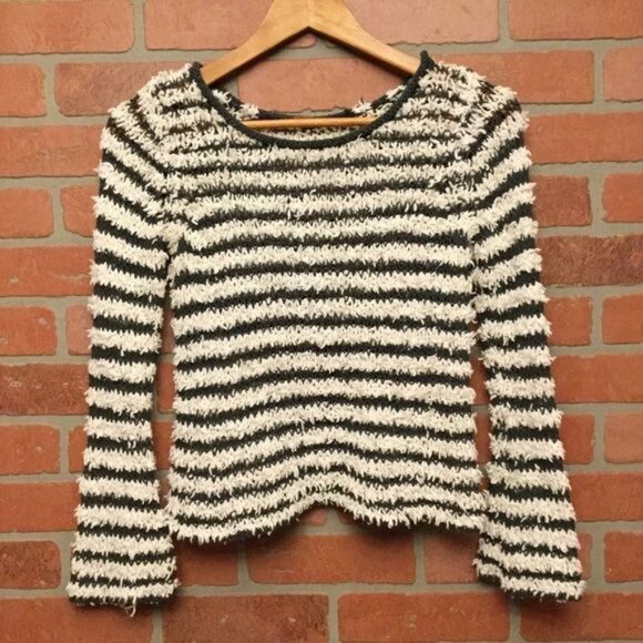 Free People Fuzzy Crochet Knitted Sweater Blue White Striped XS S - Picture 1 of 4